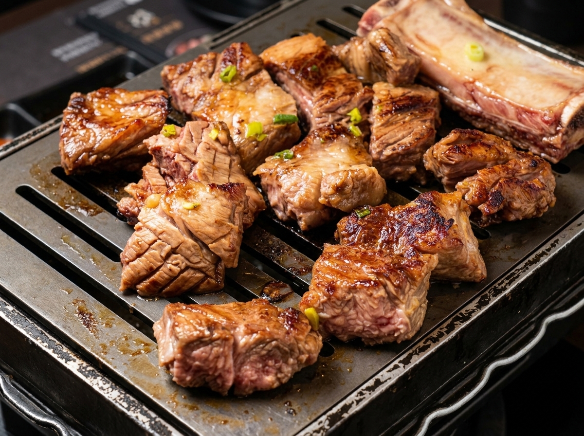 Petits morceaux de bœuf mariné brunissant et caramélisant sur une poêle à griller, retournés avec une pince en métal.