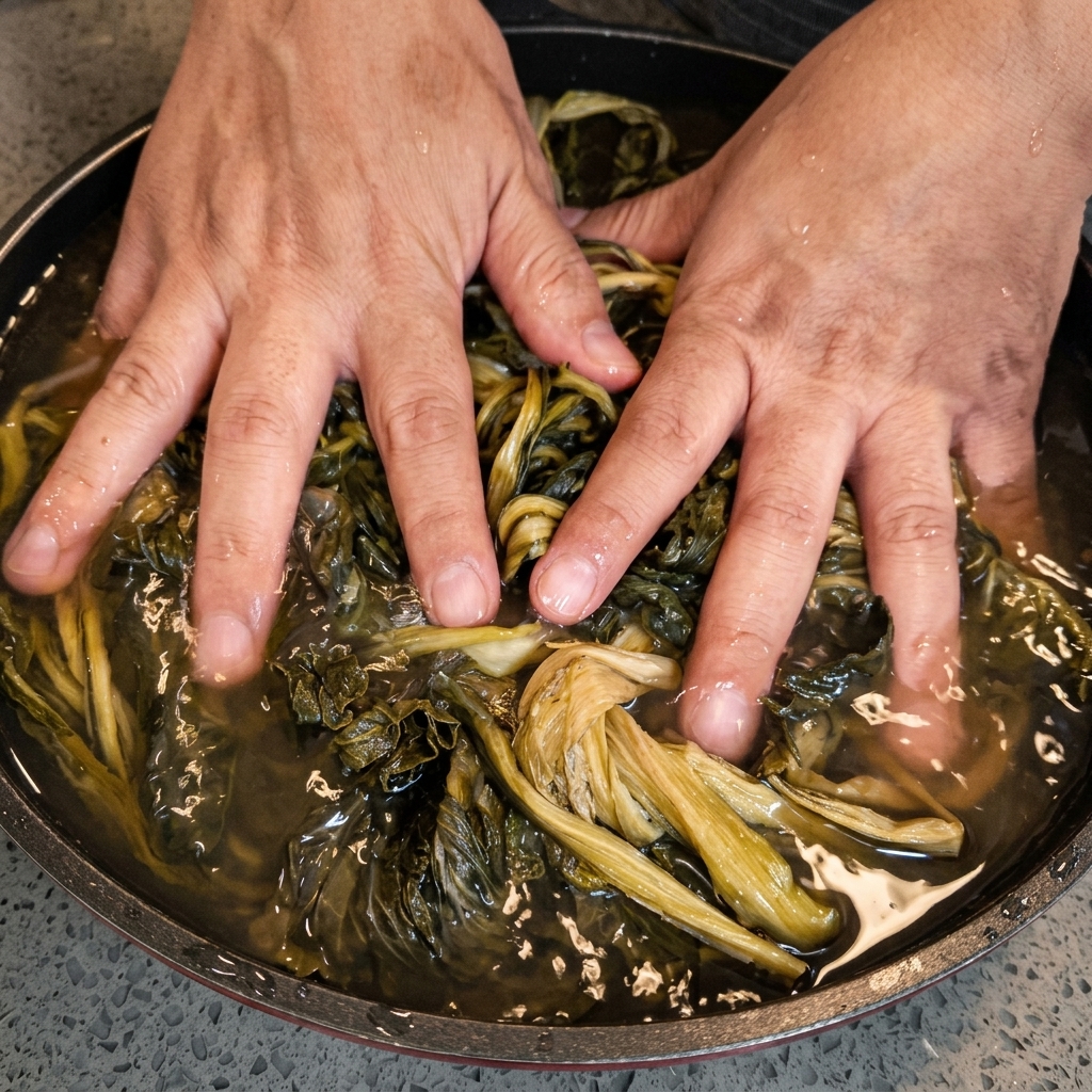 Mains massant des feuilles de chou séché en cours de réhydratation dans une bassine remplie deau.