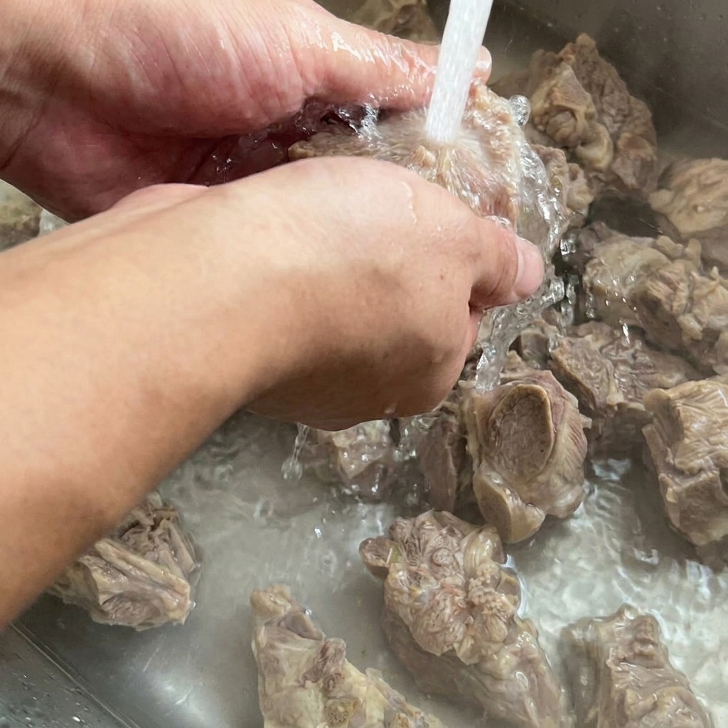 Un os de porc pré-cuit rincé sous le robinet dun évier en inox.