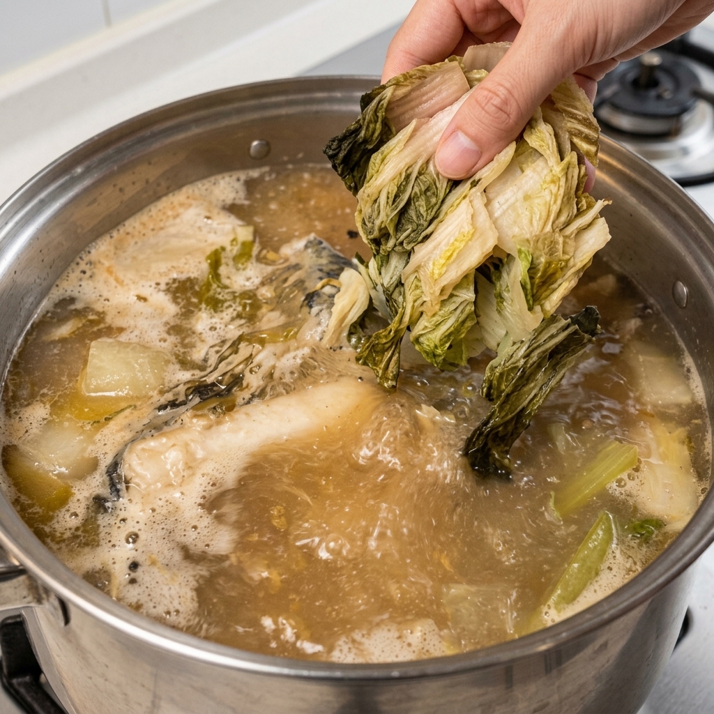 Feuilles de chou réhydratées et hachées ajoutées dans le bouillon bouillant.