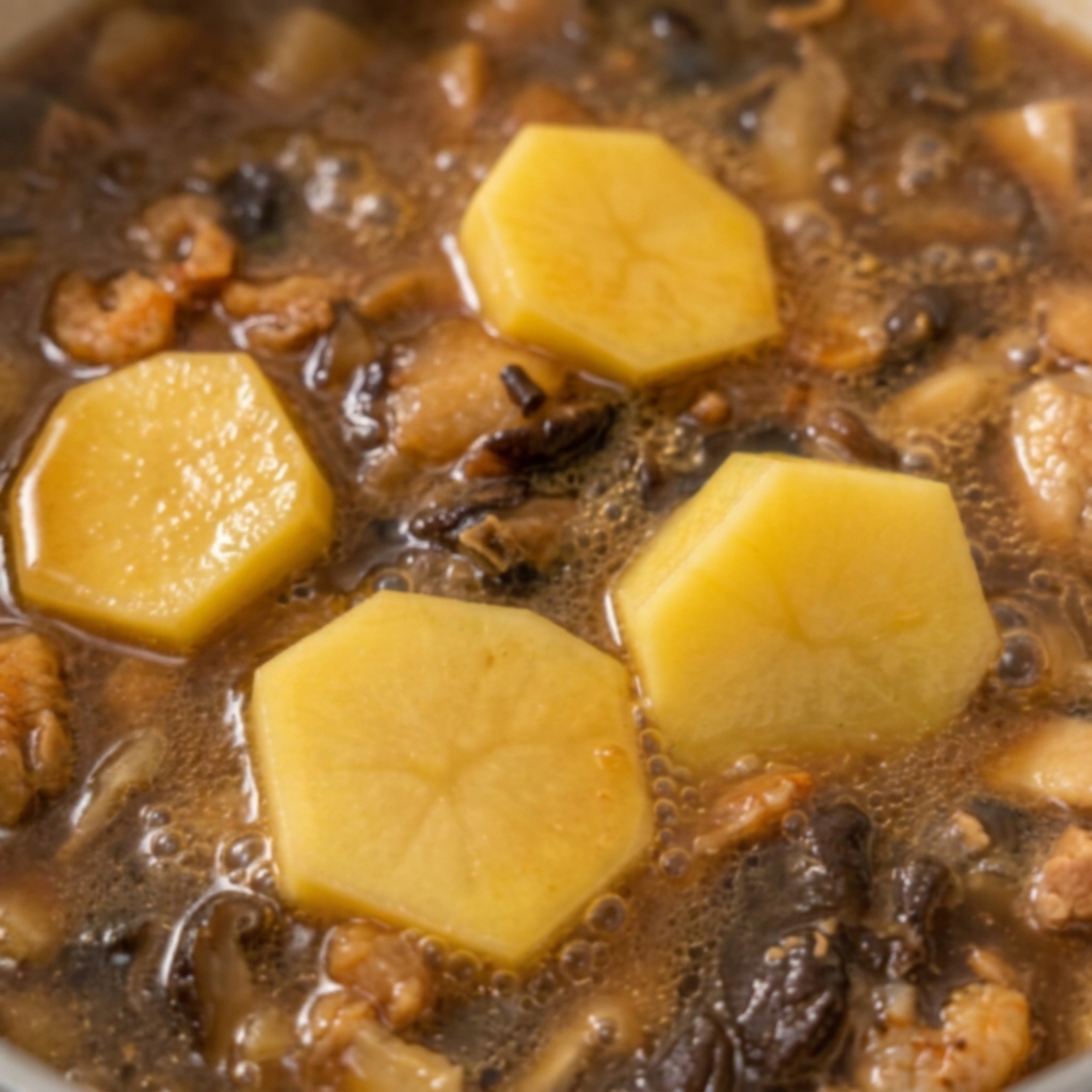 Gros morceaux de pommes de terre jaunes épluchées placés dans la soupe.