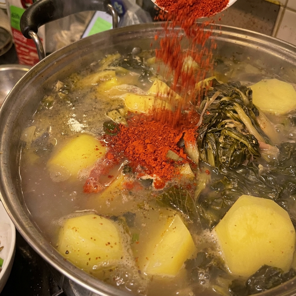 Poudre de piment rouge vif saupoudrée sur les ingrédients qui mijotent.