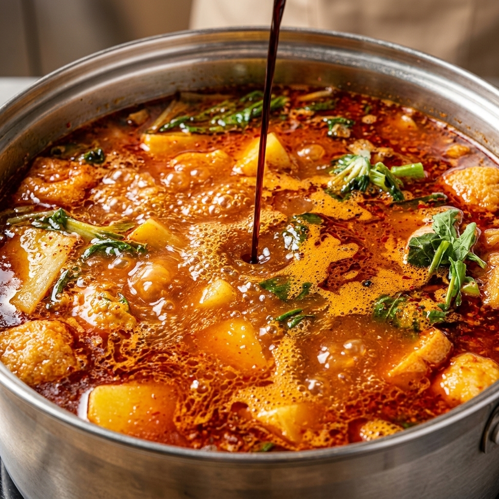 Une louche versant une sauce soja sombre dans le bouillon rouge bouillant.
