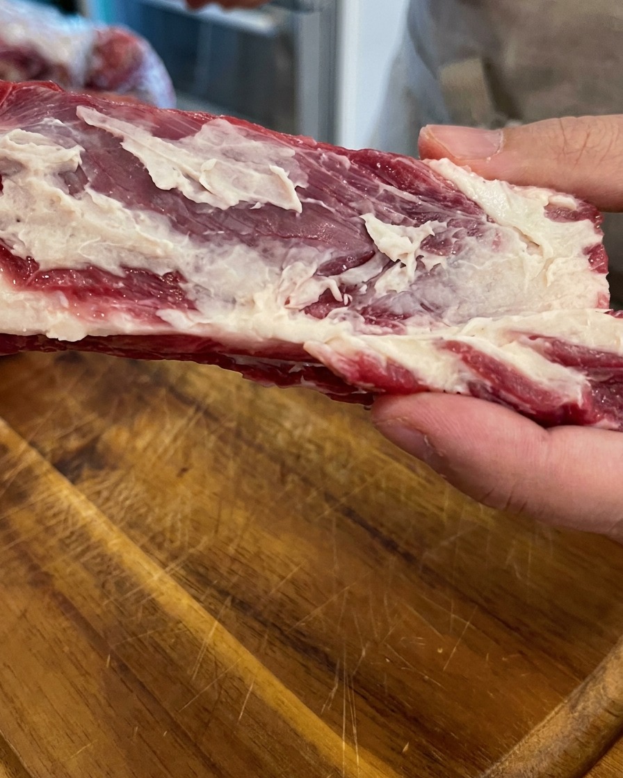 Mains tenant un morceau de côte de bœuf crue avec os montrant le persillage et la graisse blanche sur une surface en bois.