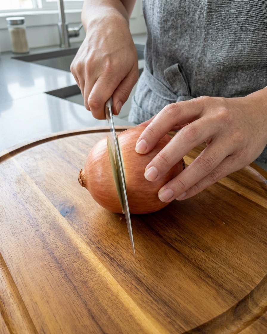 Mains utilisant un couteau de chef pour couper un oignon doux non épluché en deux sur une planche à découper en bois ronde.