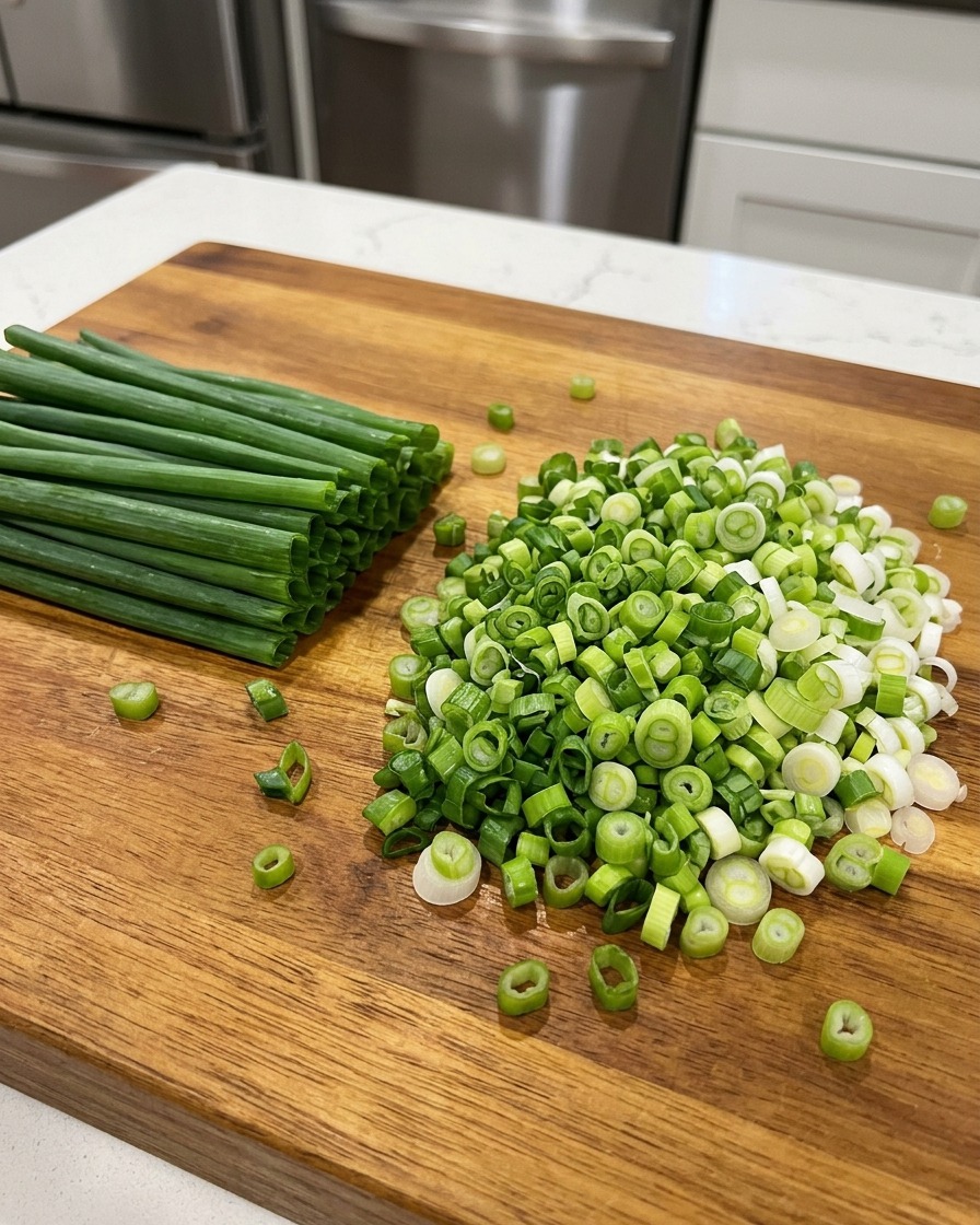 Tas doignons verts finement hachés sur une planche à découper en bois à côté des tiges restantes.