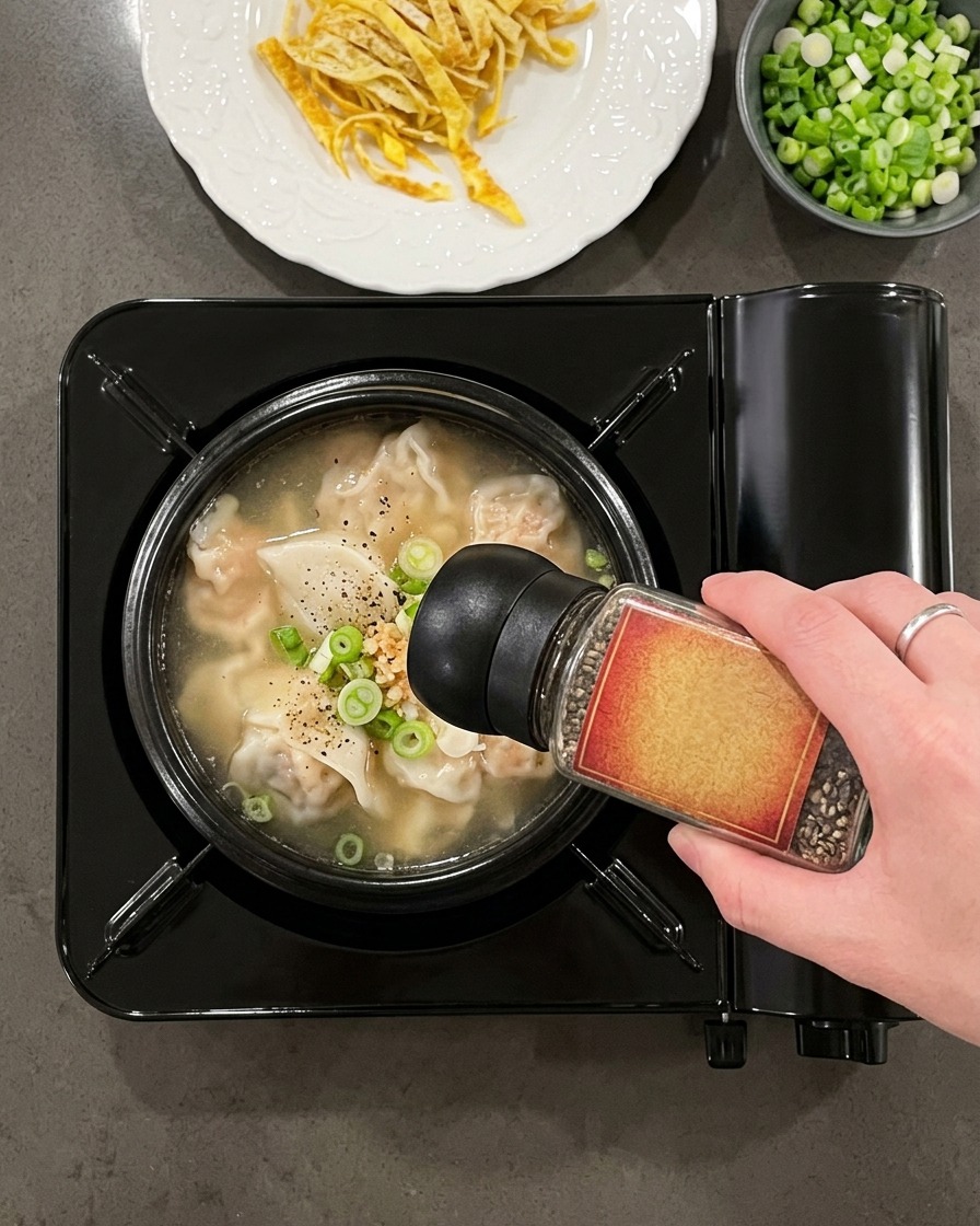 Un moulin à poivre moulu du poivre noir frais dans une soupe de bœuf claire et bouillonnante à lintérieur dun pot en pierre.