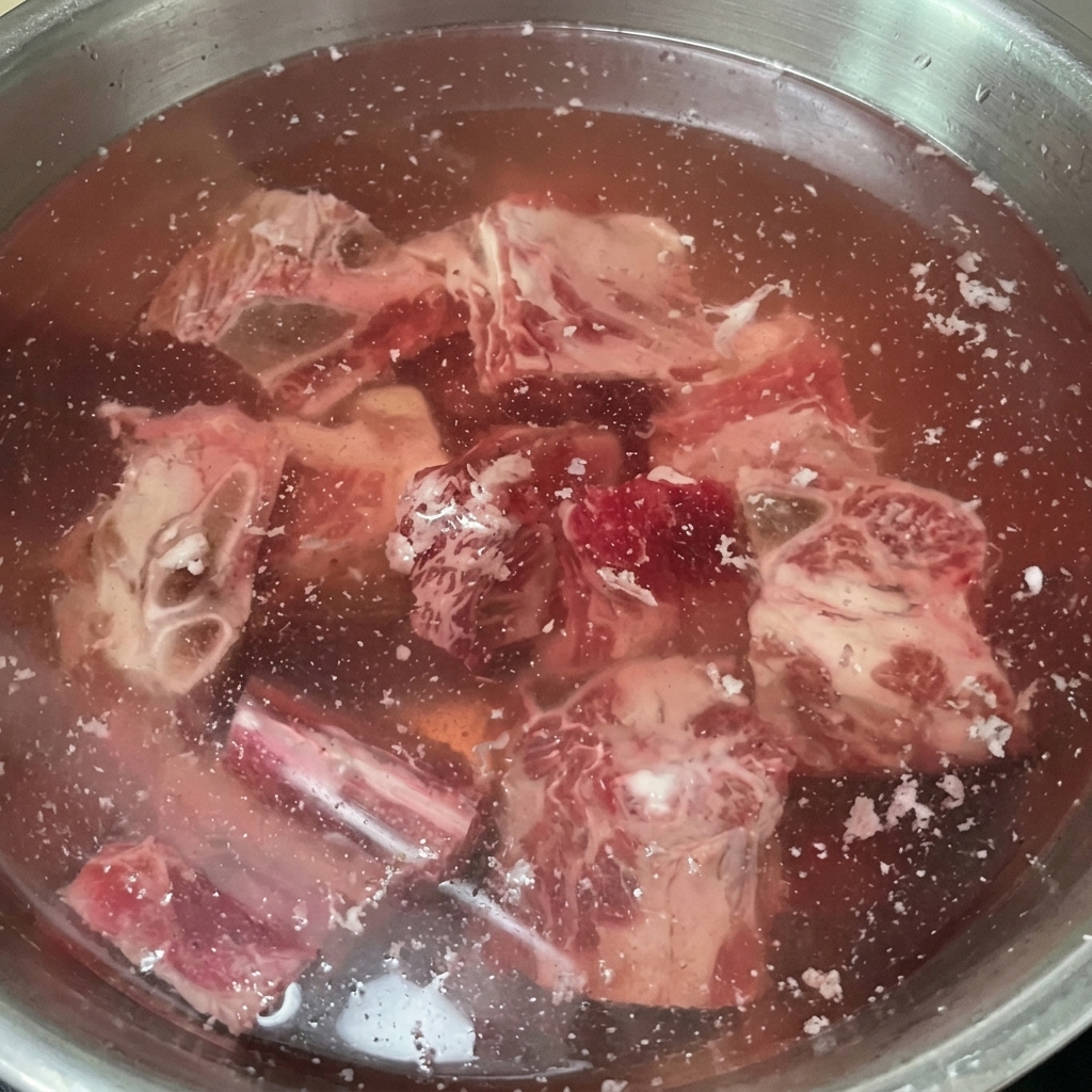 Travers de bœuf immergés dans un bol deau, leau prenant une teinte rougeâtre à mesure que le sang est extrait.