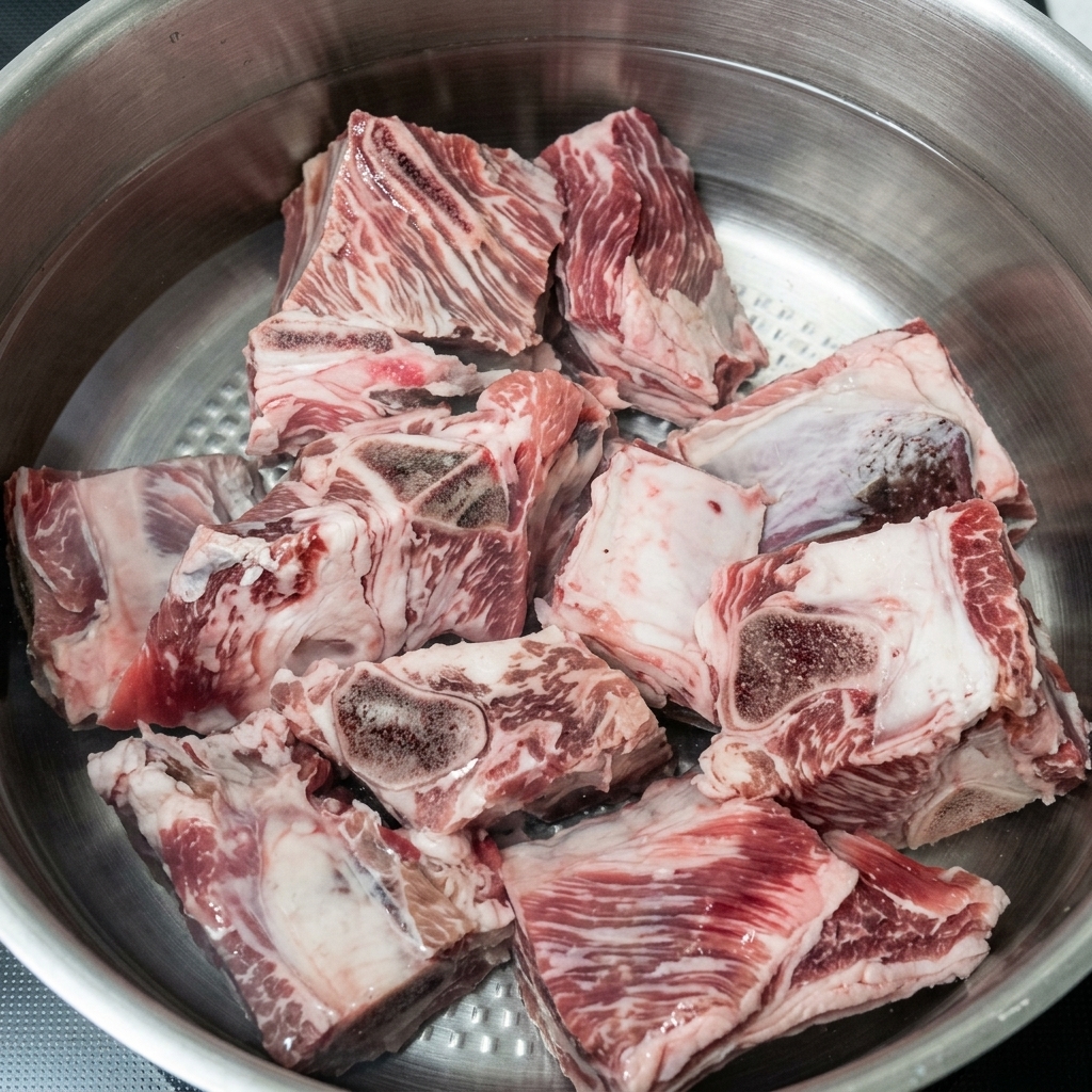 Travers de bœuf rincés dans une passoire en acier inoxydable sous un filet deau froide.