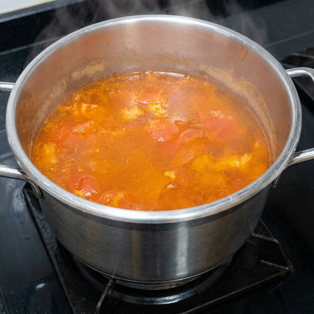 Une louche remuant la soupe de travers de bœuf à la tomate assaisonnée dans la cuve de lautocuiseur, montrant le bouillon rouge riche fini.