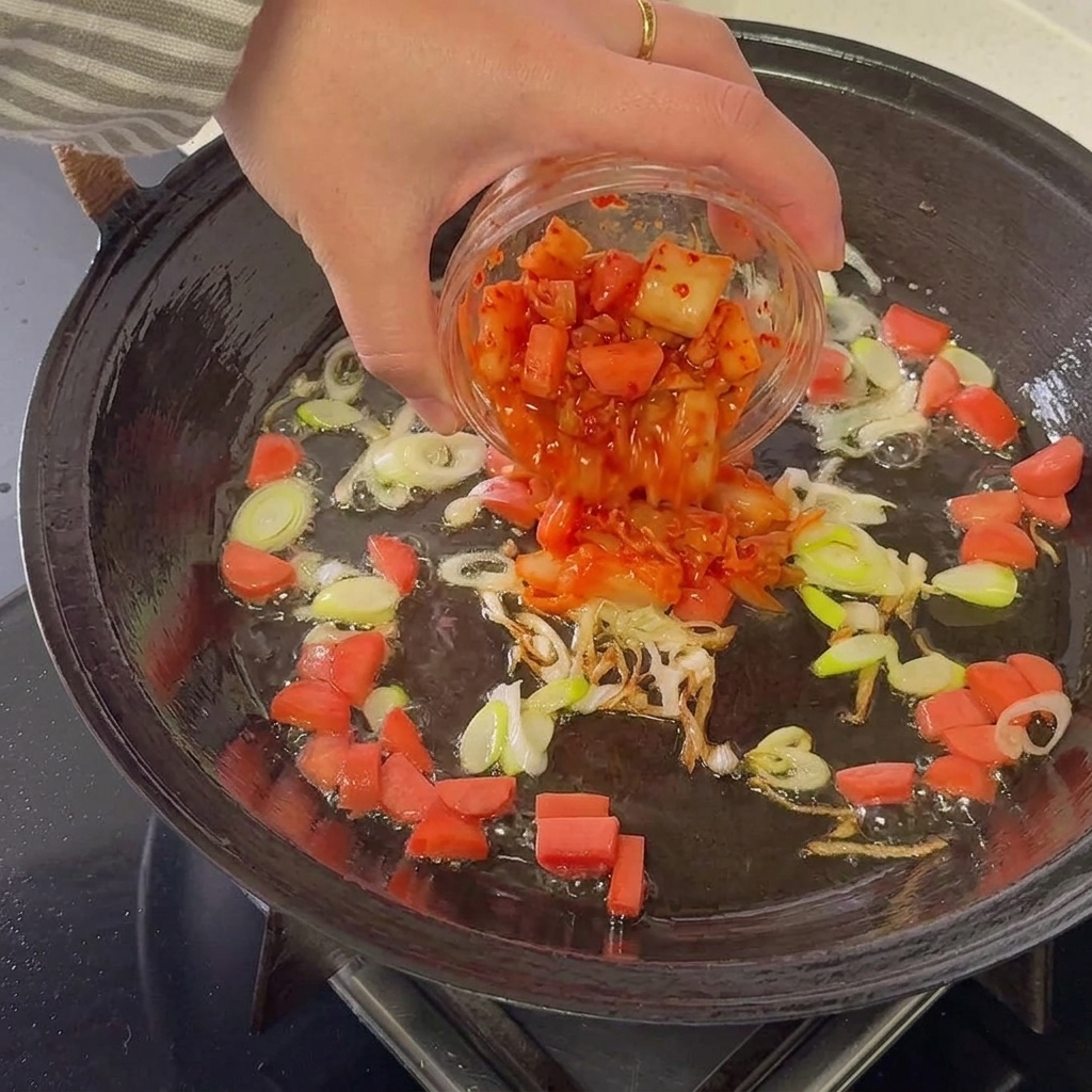 Du kimchi haché ajouté à la poêle avec la saucisse et les oignons verts, mélangeant le tout à feu vif.