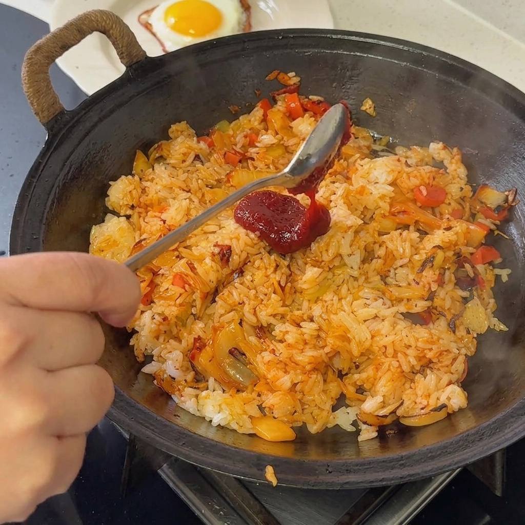 La pâte de piment coréenne ajoutée à la poêle contenant le mélange de riz et de kimchi.