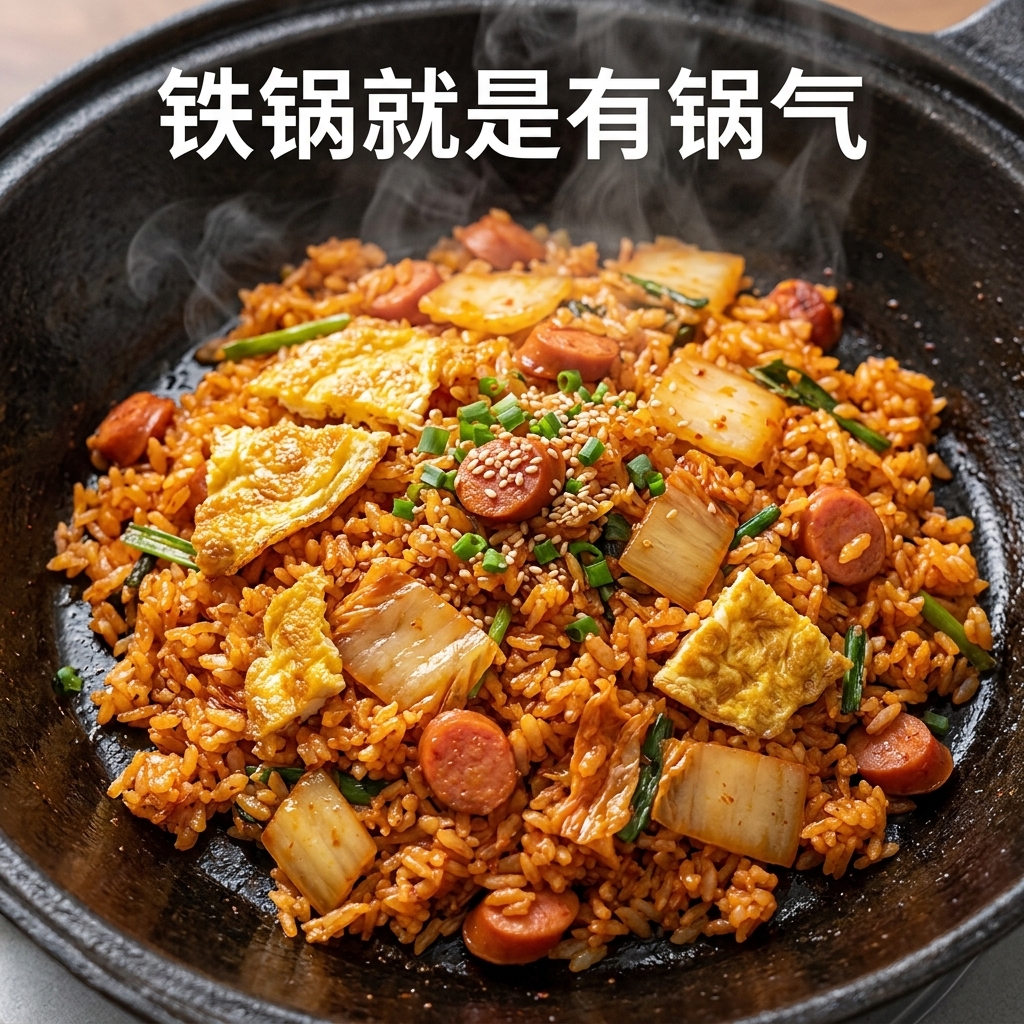 Une poêle remplie de riz sauté au kimchi, mélangé vigoureusement avec une spatule à feu vif.