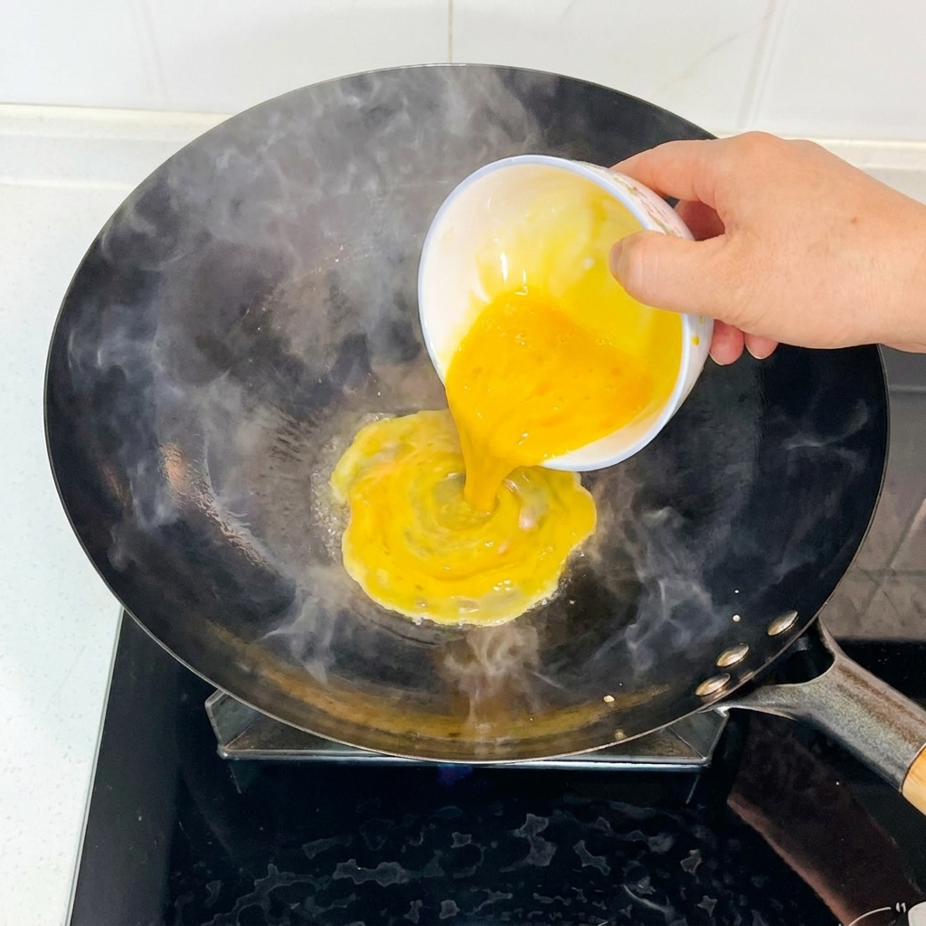 Verser des œufs battus dun petit bol dans un wok chaud et fumant.