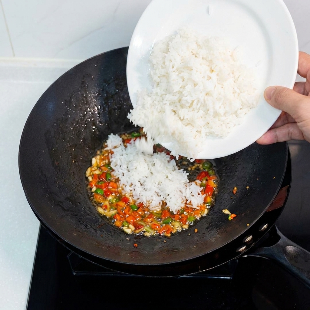 Ajout dune assiette de riz blanc cuit dans un wok avec les aromates sautés.