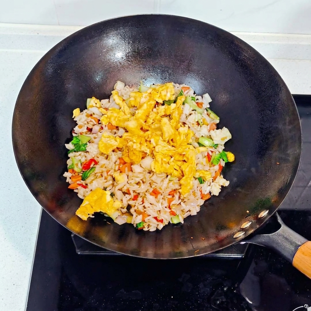 Œufs brouillés ajoutés au mélange de riz dans le wok.