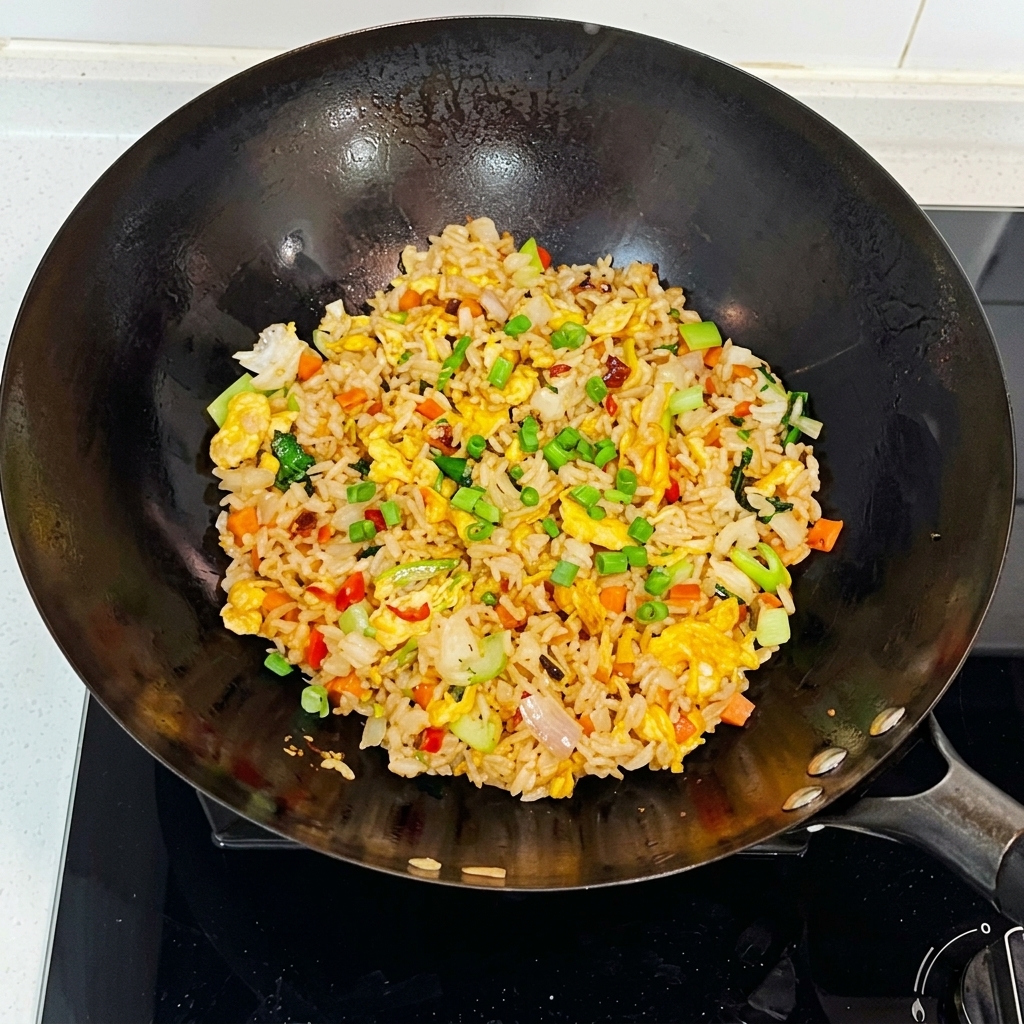 Oignons verts mélangés au riz sauté au kimchi fini dans le wok.