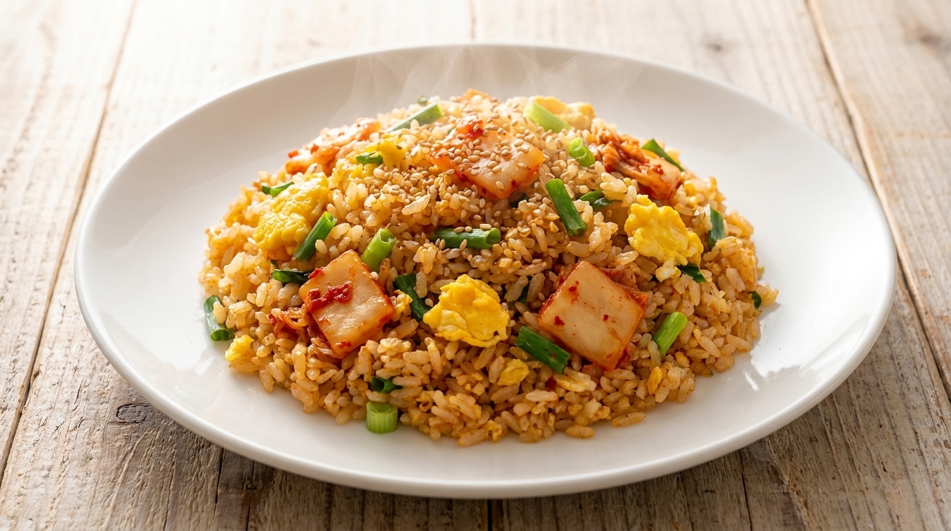 Riz sauté au kimchi et aux œufs, doré et savoureux, agrémenté doignons verts frais et de graines de sésame.