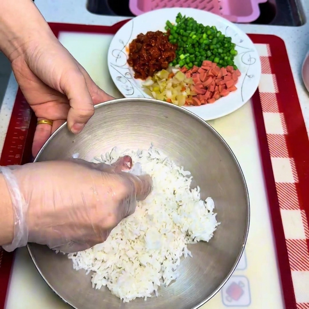 Gros plan de mains gantées émiettant un monticule de riz blanc cuit dans un bol en métal.