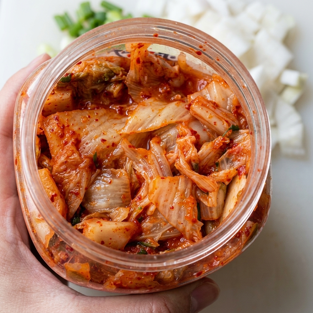 Vue de dessus des ingrédients de la sauce — kimchi, gochujang, sauce soja, sucre et mayonnaise — réunis dans un bol blanc.