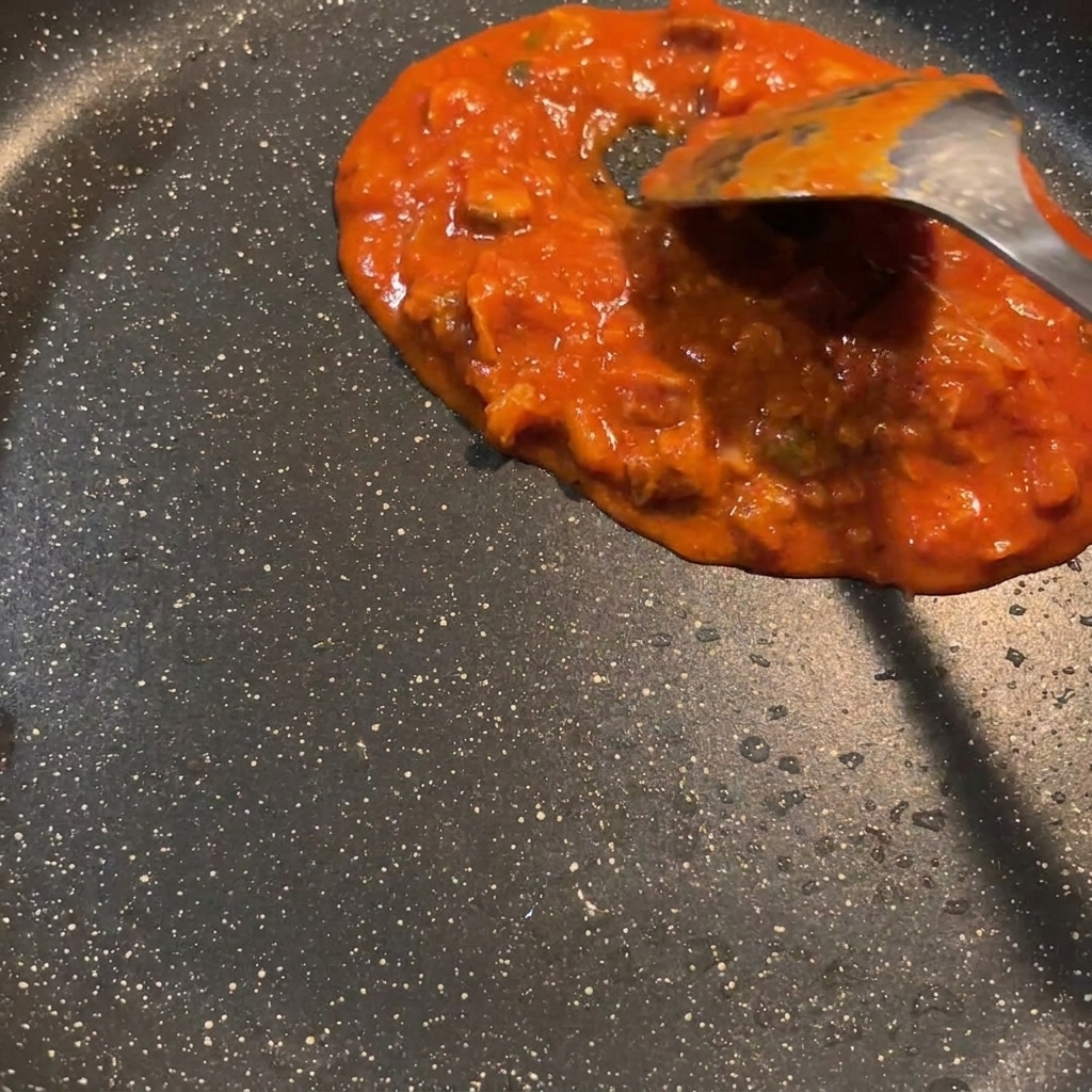 La sauce rouge et savoureuse grésillant dans la poêle, se mélangeant à la graisse rendue par le spam frit.