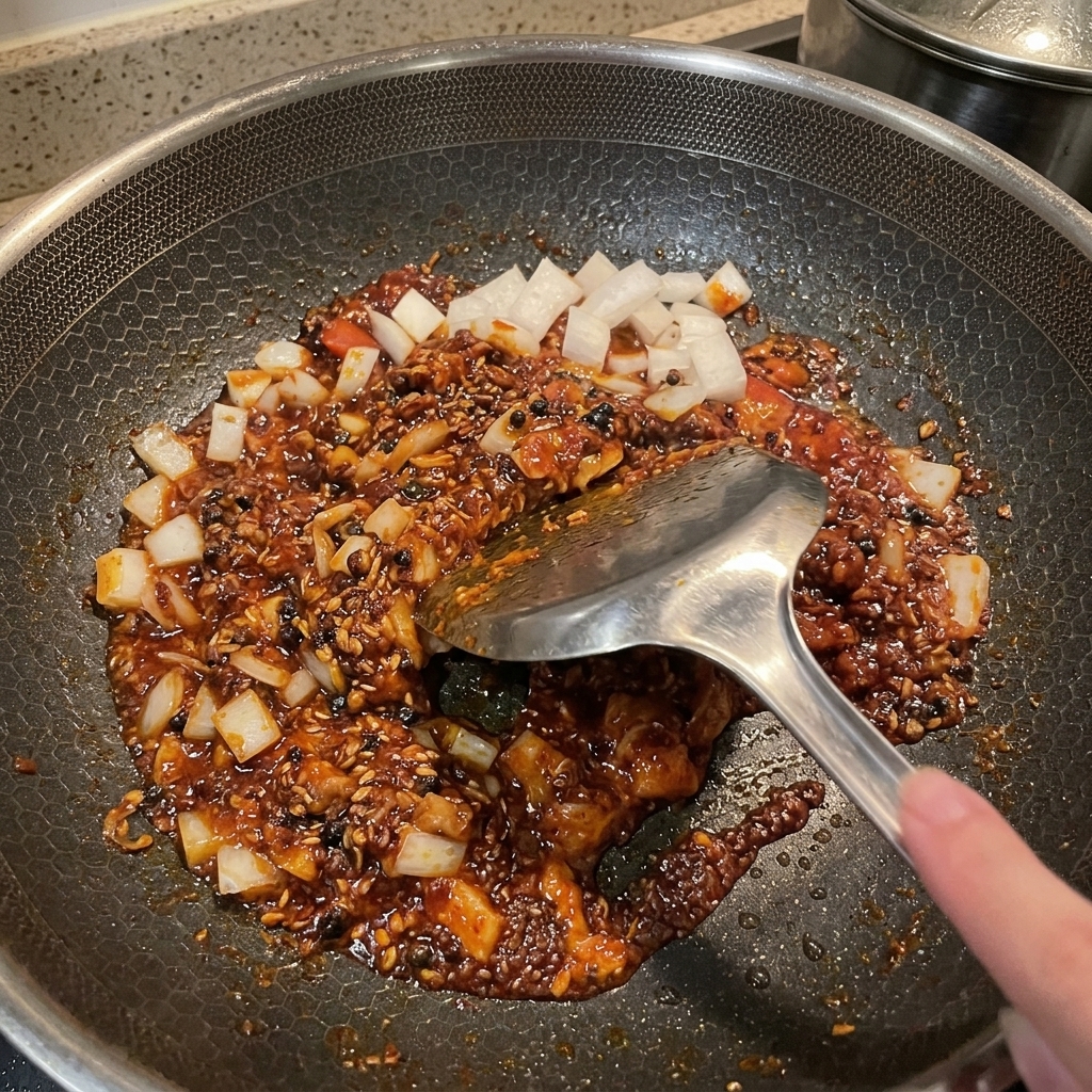 Une poêle remplie de spam doré, doignons et de la sauce rouge vive en cours de mélange.