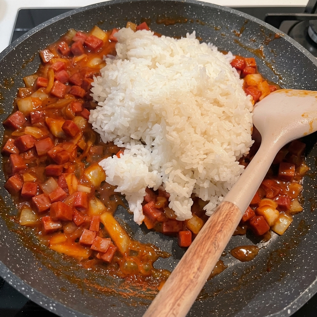 Un tas de riz blanc placé sur le dessus du mélange de spam et doignons dans une poêle, prêt à être sauté.