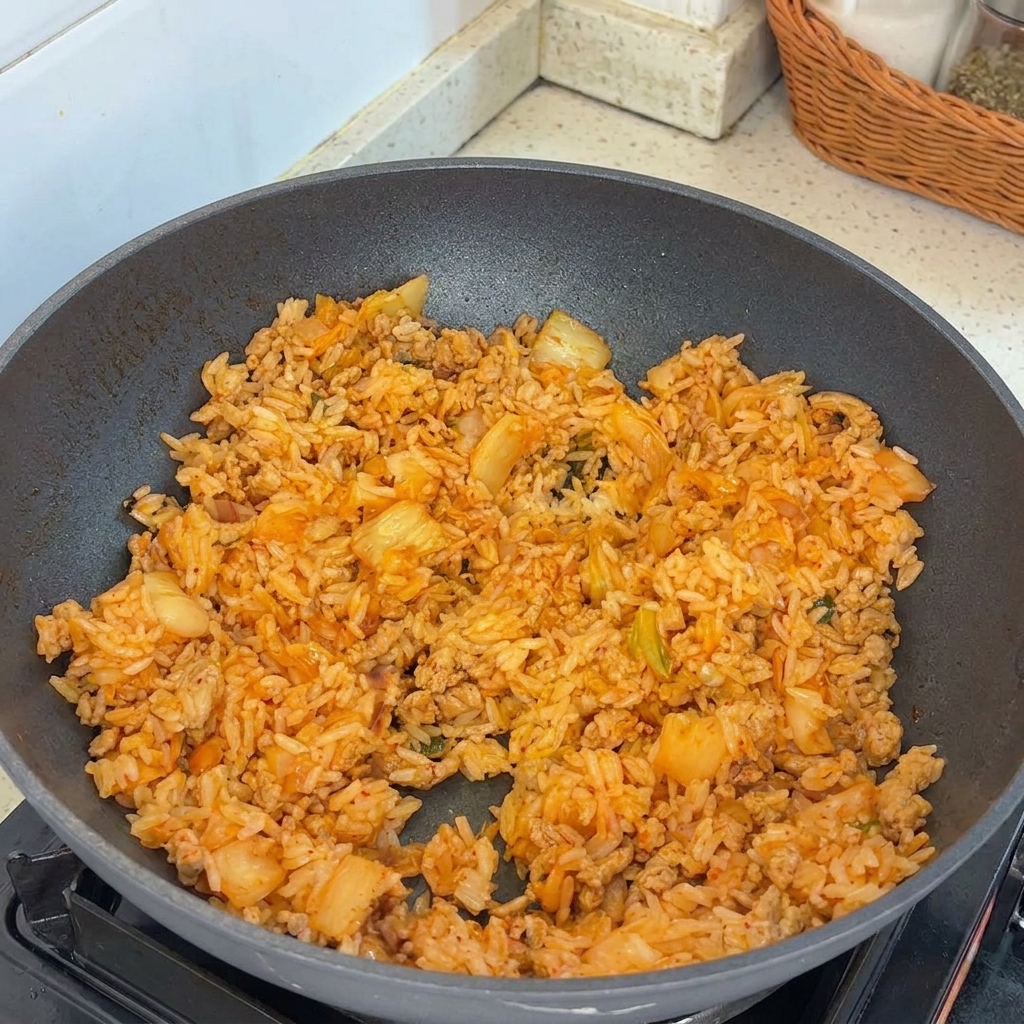 Sauce soja légère versée dans une poêle de kimchi, de porc et de riz sautés, capturant laction dassaisonner le plat.