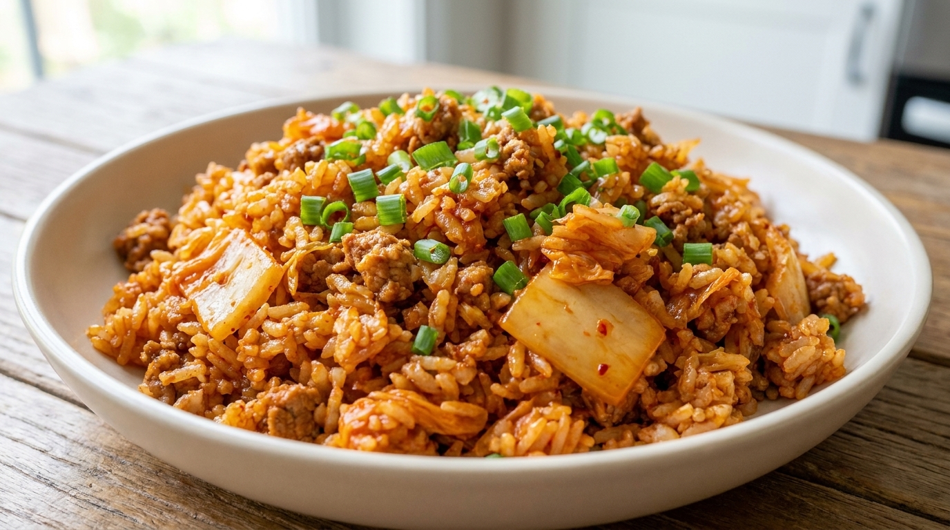 Une assiette de riz sauté au kimchi et au porc, garnie de ciboule fraîche et de porc haché savoureux.