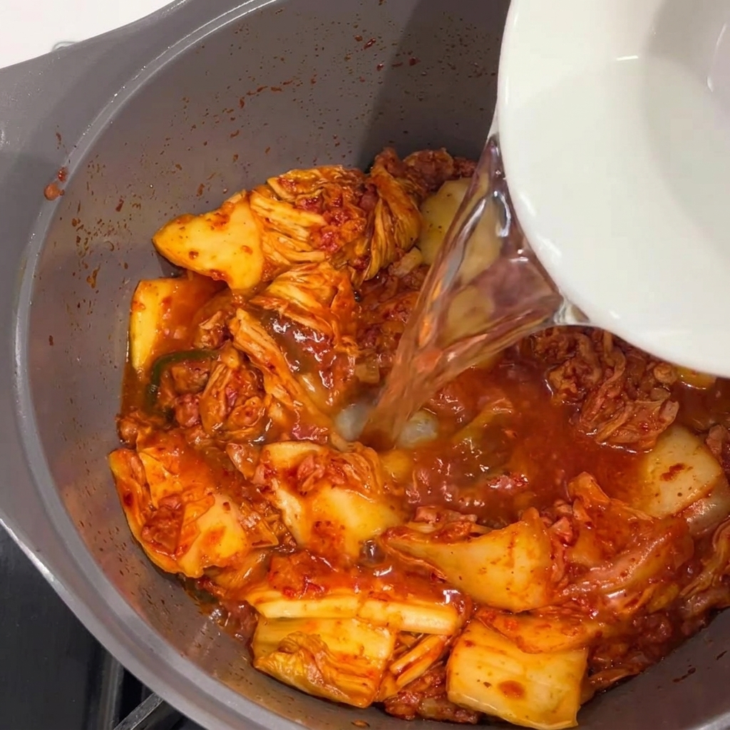 Eau claire versée dans une casserole contenant le mélange de Spam et de kimchi.