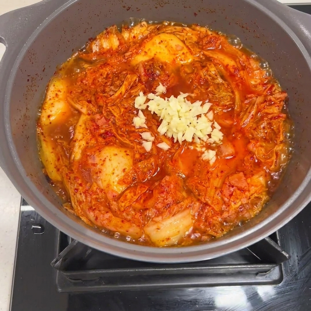 Ail haché ajouté au ragoût de Spam et kimchi mijotant.