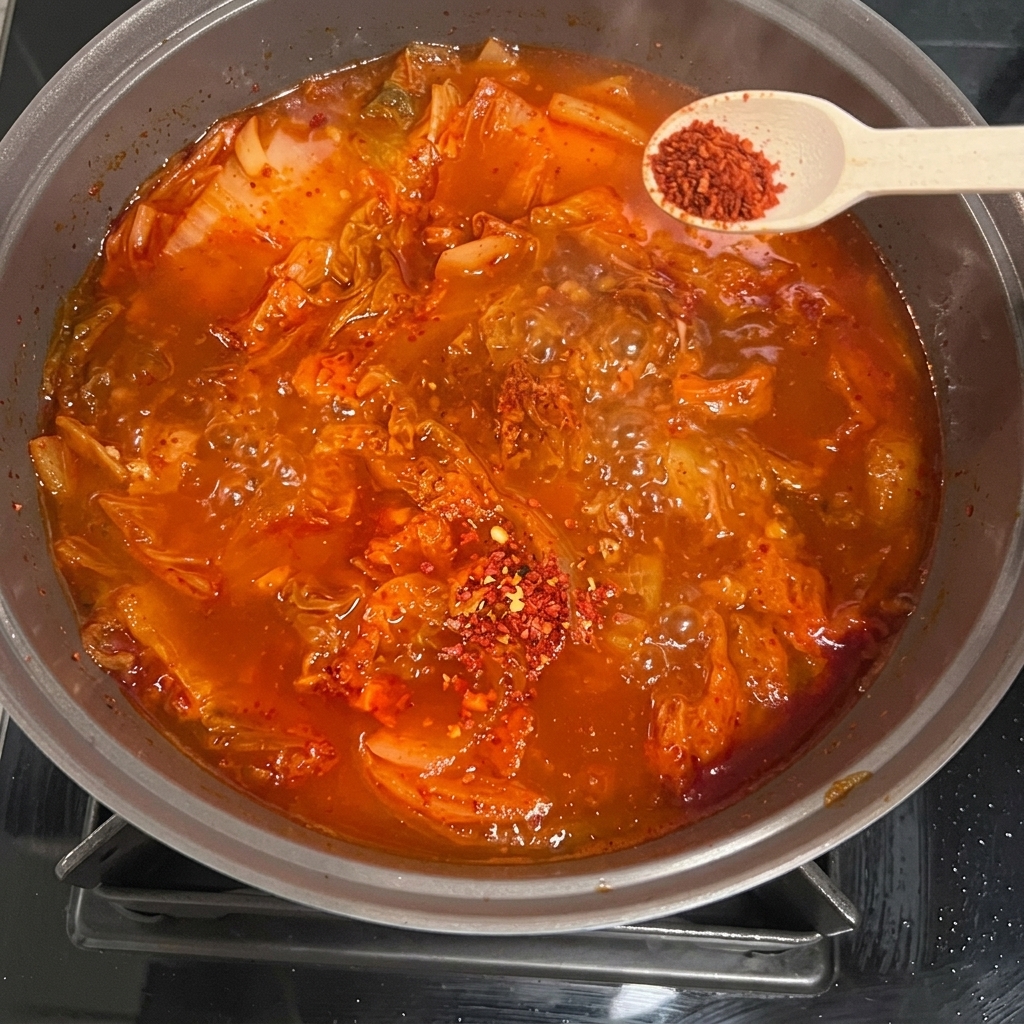 Sauce soja légère et une cuillère de piment en poudre ajoutées au ragoût.