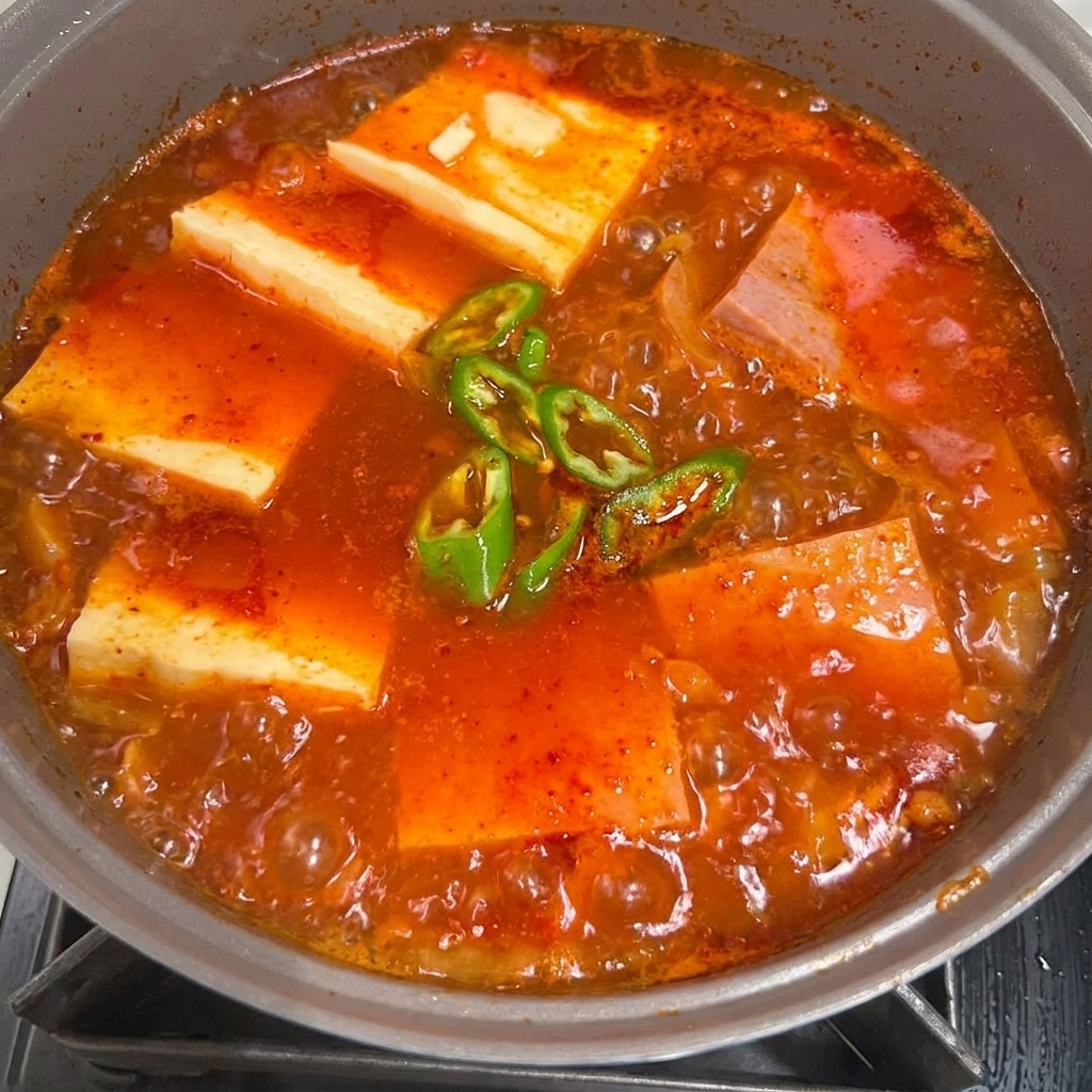 Une casserole de ragoût de Spam et Kimchi garnie de ciboules fraîches et de tranches de piment rouge.
