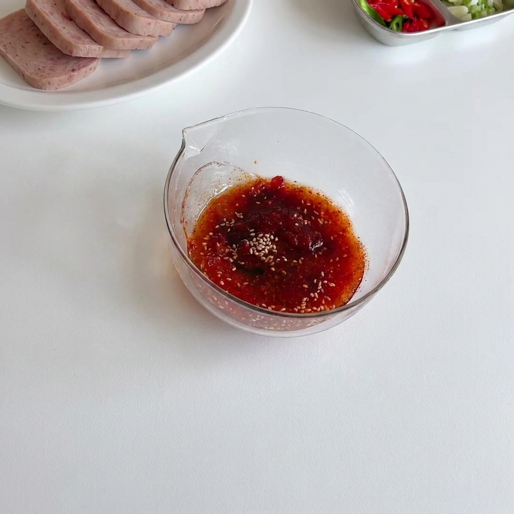 Versement deau dans un bol contenant un mélange dépices et de pâte de piment.