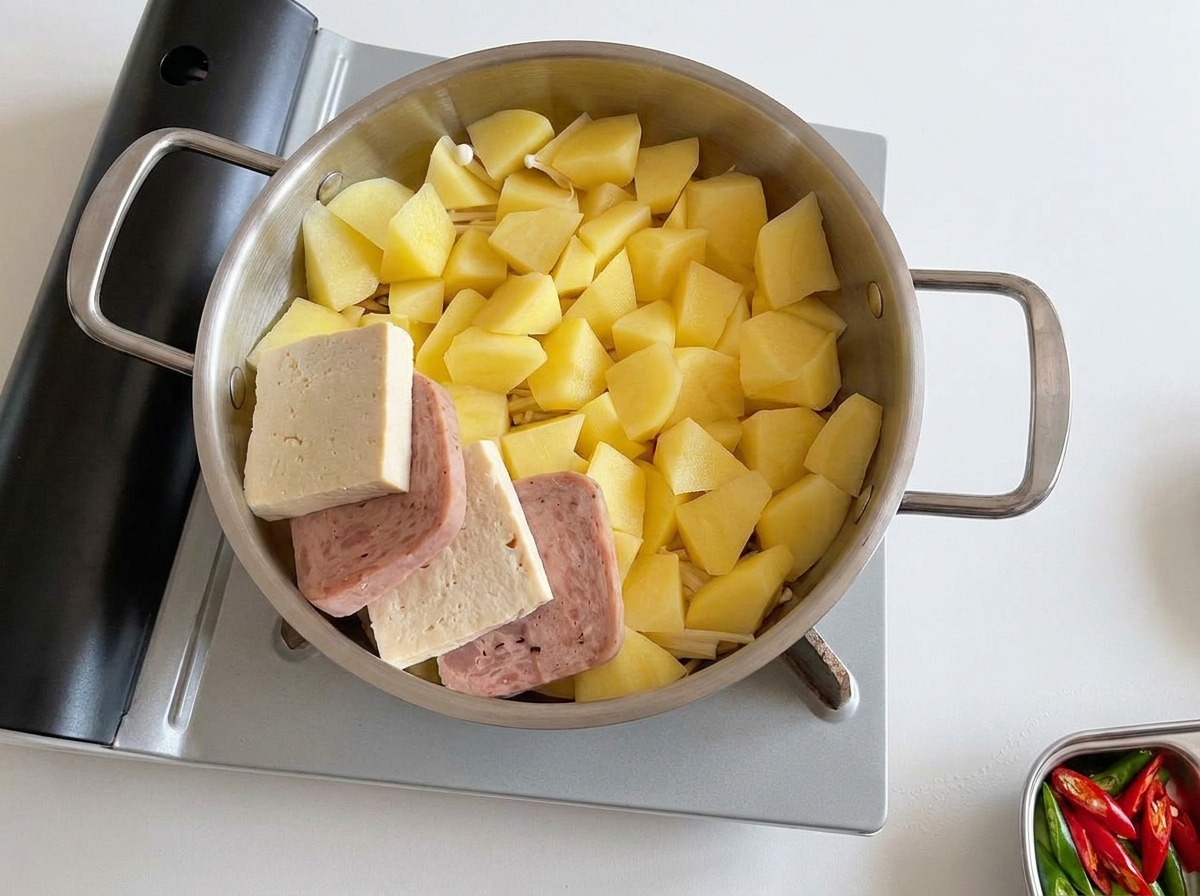 Tranches de Spam et blocs de tofu disposés en cercle dans la poêle.