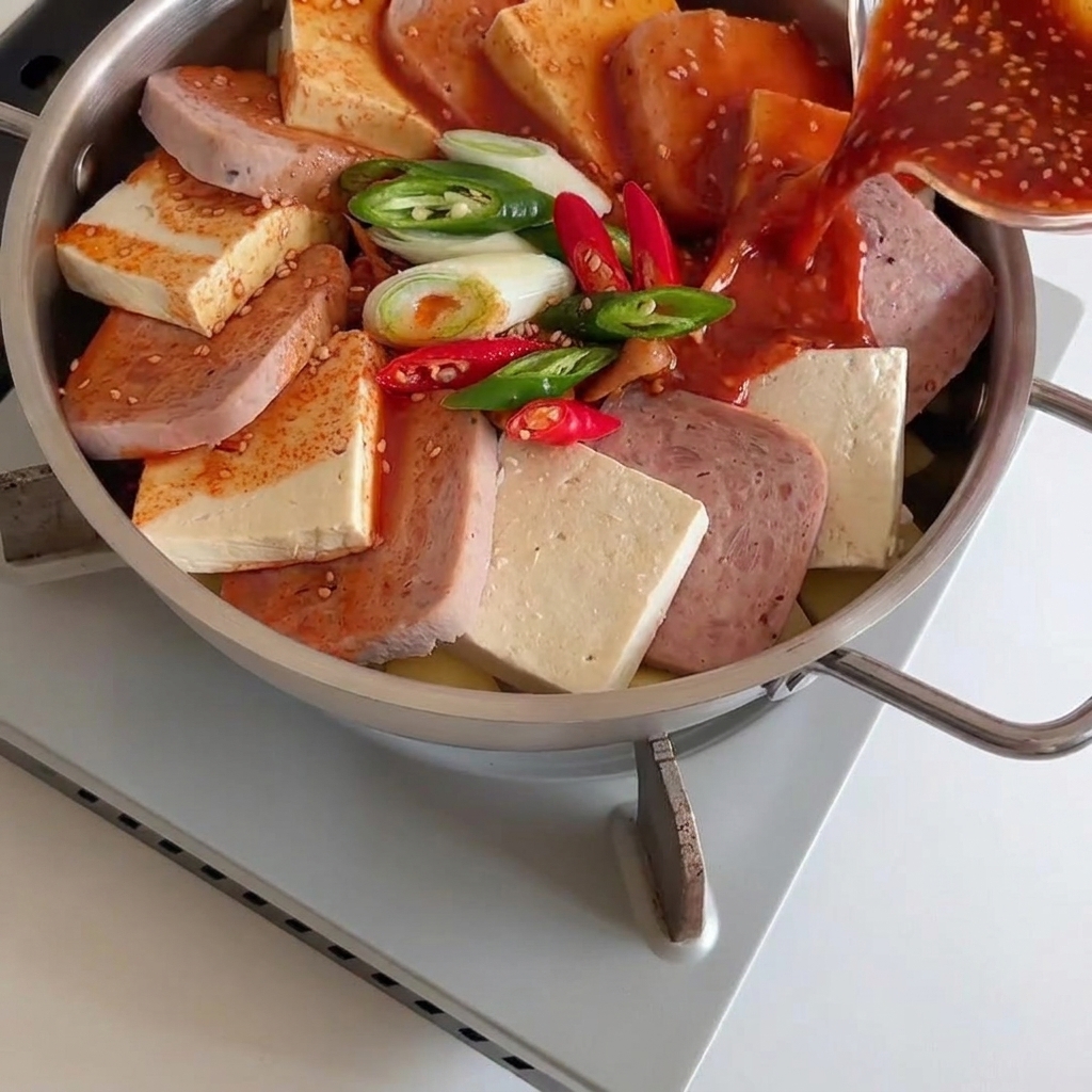 Verser la sauce rouge sur les ingrédients dans la poêle.