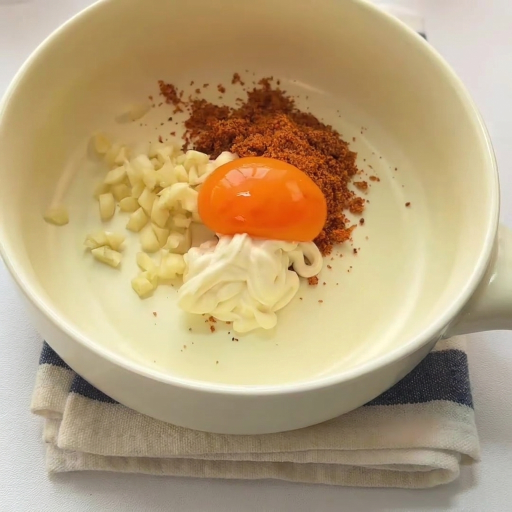 Une cuillère en bois mélangeant une sauce épaisse et crémeuse dans un bol blanc.