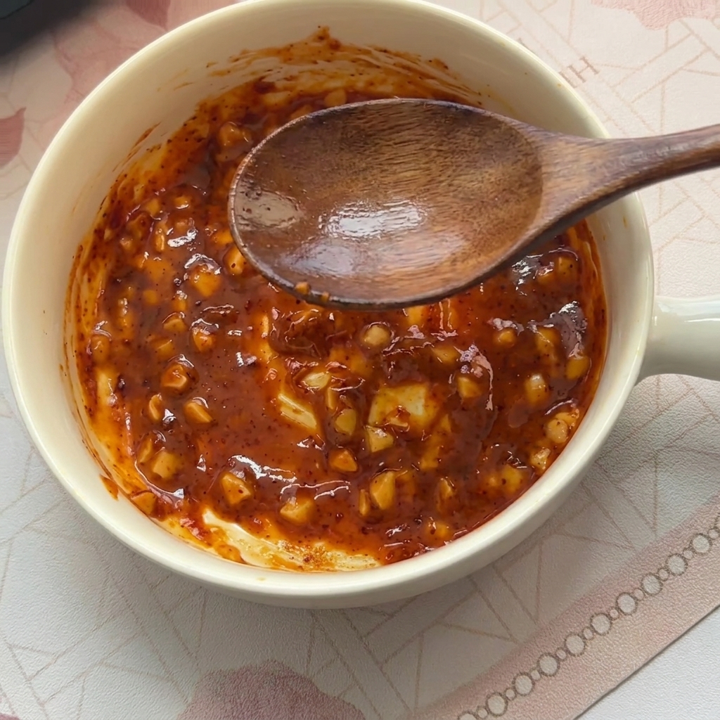 De leau de cuisson chaude versée dans le bol de sauce, créant une base de bouillon crémeuse.