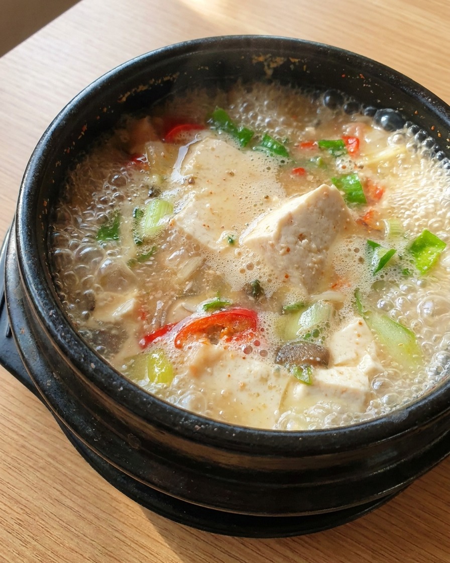 Cubes de tofu blanc mou et piments dans le ragoût bouillonnant.