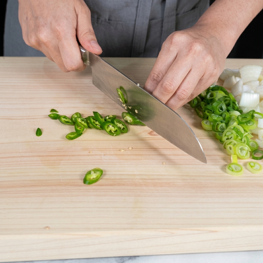 Une main utilisant un couteau pour couper un piment vert frais en diagonale sur une planche à découper en bois.