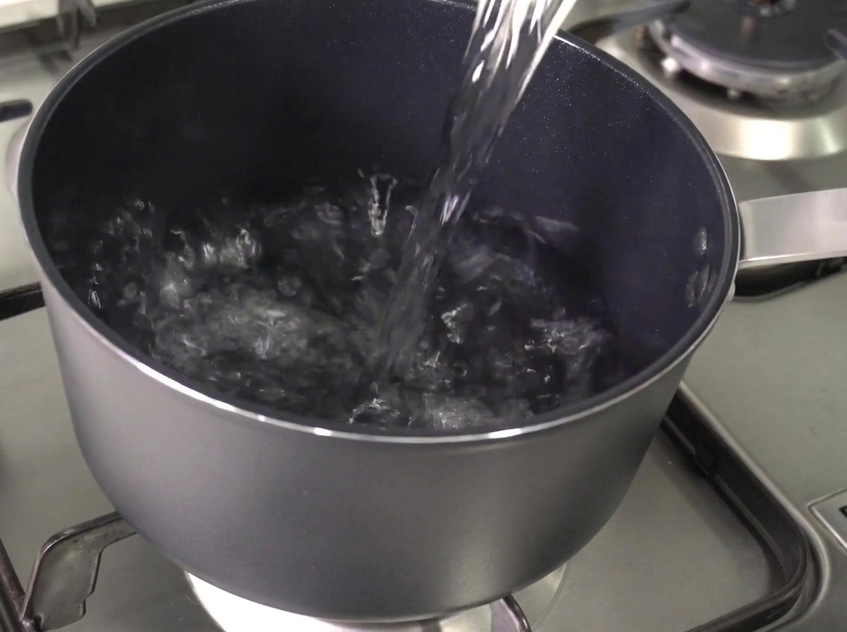 Eau claire versée dans une casserole vide gris foncé posée sur une plaque de cuisson.