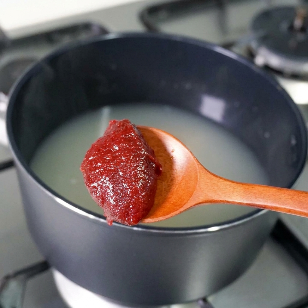 Une cuillerée de pâte de piment rouge épaisse ajoutée dans la casserole de bouillon.