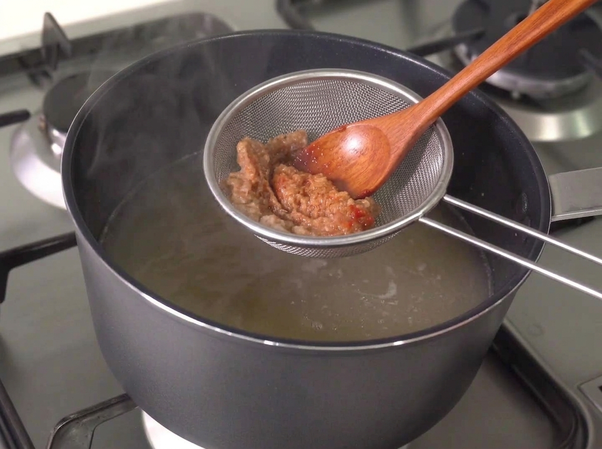 Une cuillère en bois et une passoire utilisées pour remuer et dissoudre les pâtes dans le bouillon chaud.