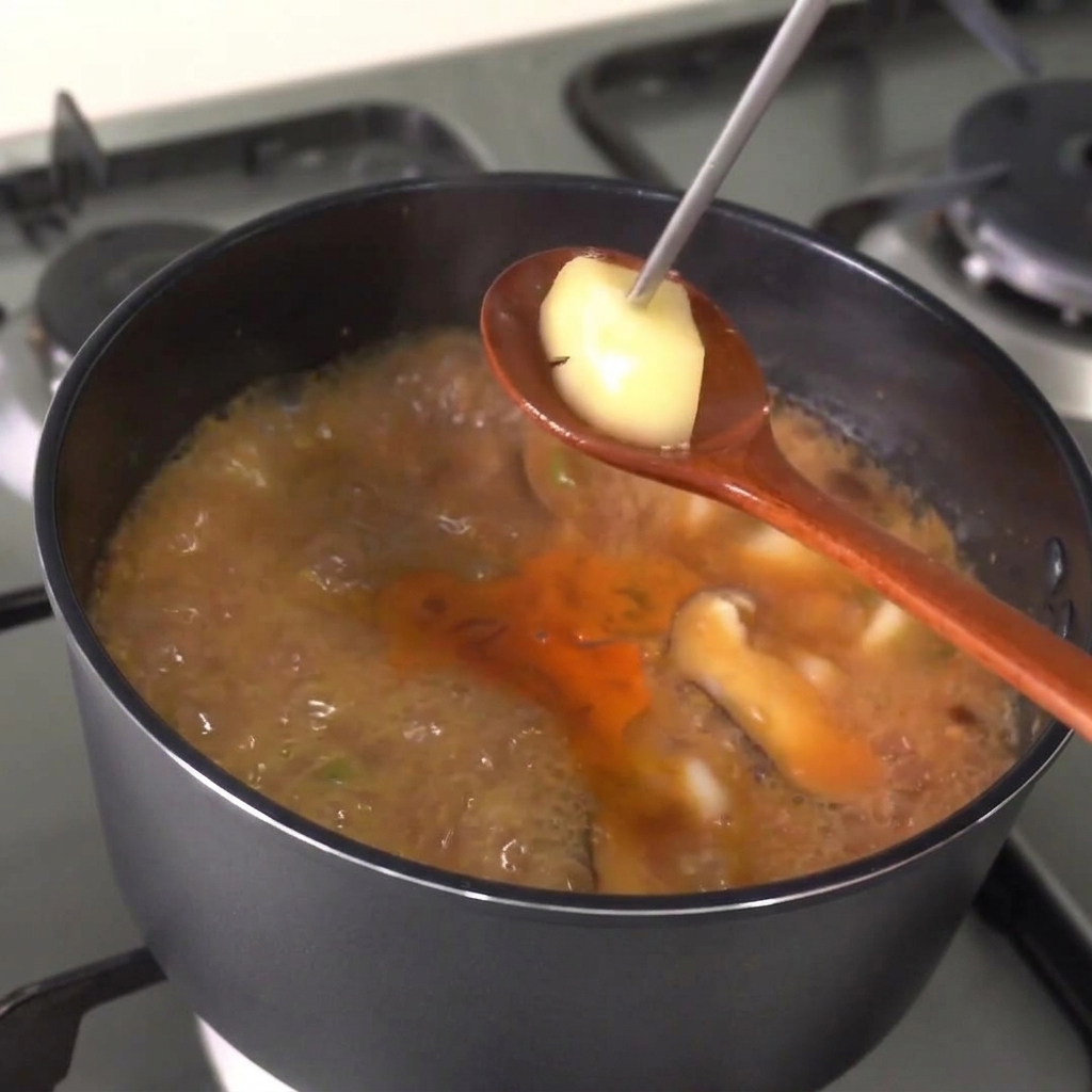 Une cuillère en bois soulevant un morceau de pomme de terre cuite du ragoût bouillonnant pour vérifier sa cuisson.