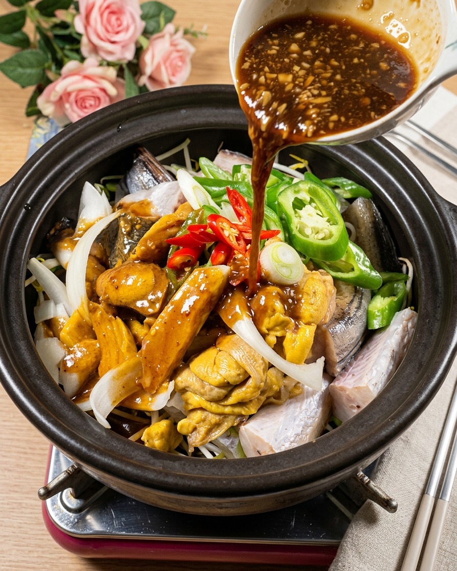La sauce dassaisonnement versée depuis un bol blanc dans une cocotte remplie de poisson et de légumes.
