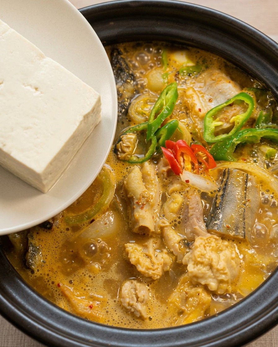 Une main déposant une tranche épaisse de tofu blanc dans une soupe bouillonnante dans une cocotte.