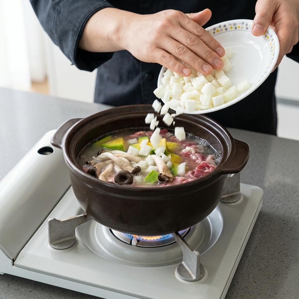 Oignons hachés versés dans la casserole de ragoût.