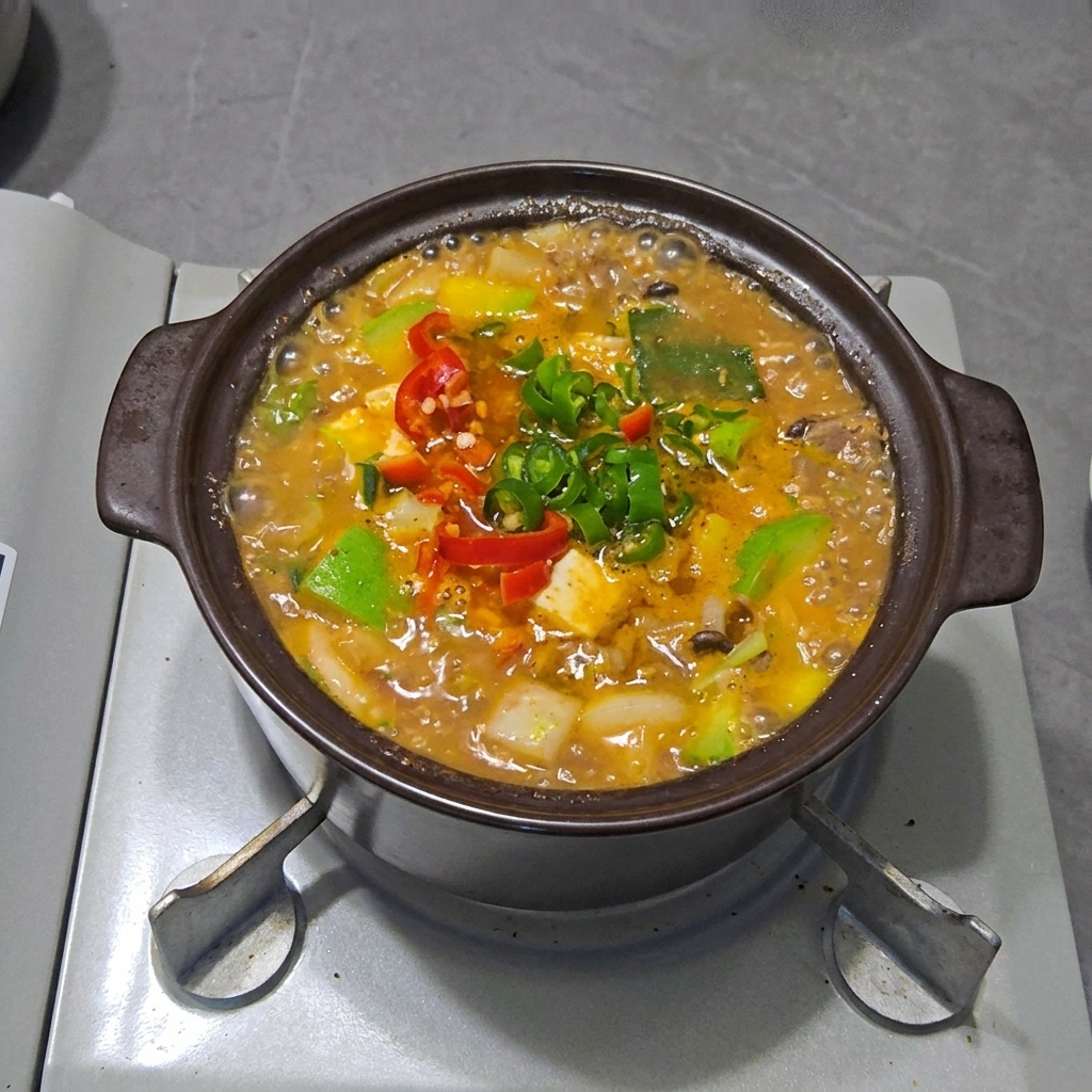 Ail émincé incorporé dans la casserole de ragoût terminé.