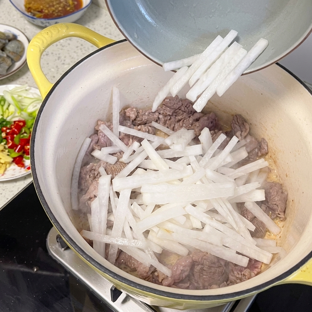 Bâtonnets de radis mélangés au bœuf cuit dans la marmite.