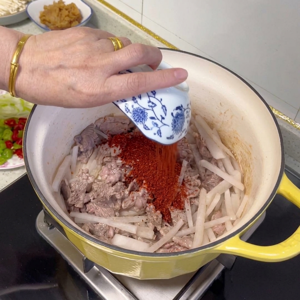 Poudre de piment rouge incorporée au mélange bœuf et radis.